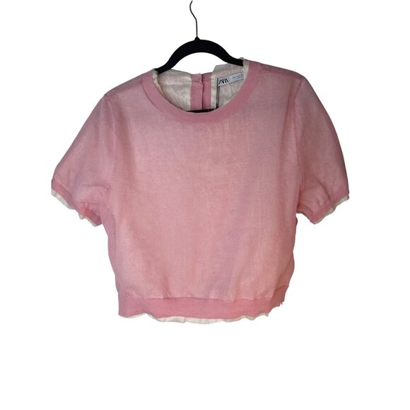 NWT ZARA Pink Medium Short Sleeve Linen Blend Dainty, Whimsical Top - Picture 12 of 16